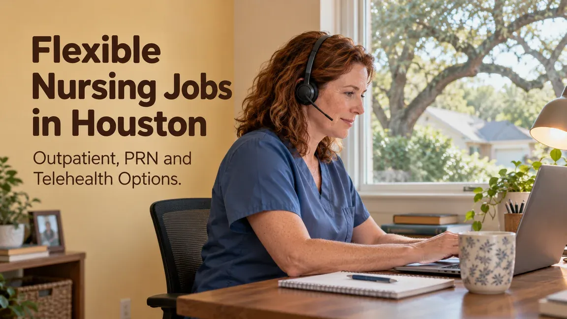 A nurse wears a headset while working at a laptop, with text about outpatient, PRN and telehealth nursing opportunities in Houston.