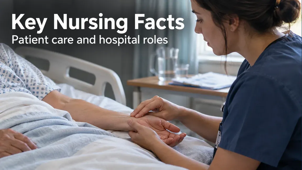 A nurse checks an adult patient’s radial pulse, with a headline about nursing facts, patient care and hospital roles.