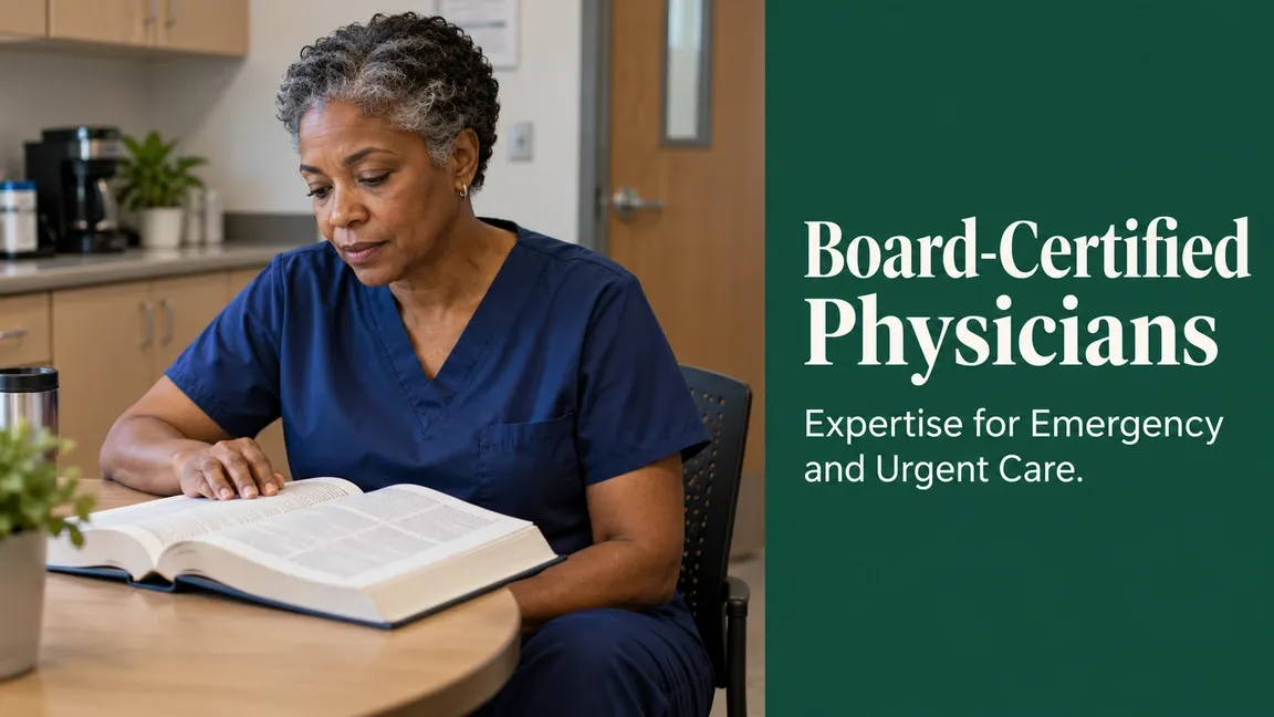 A physician reads a medical reference book, with text about board-certified physicians and expertise for emergency and urgent care.
