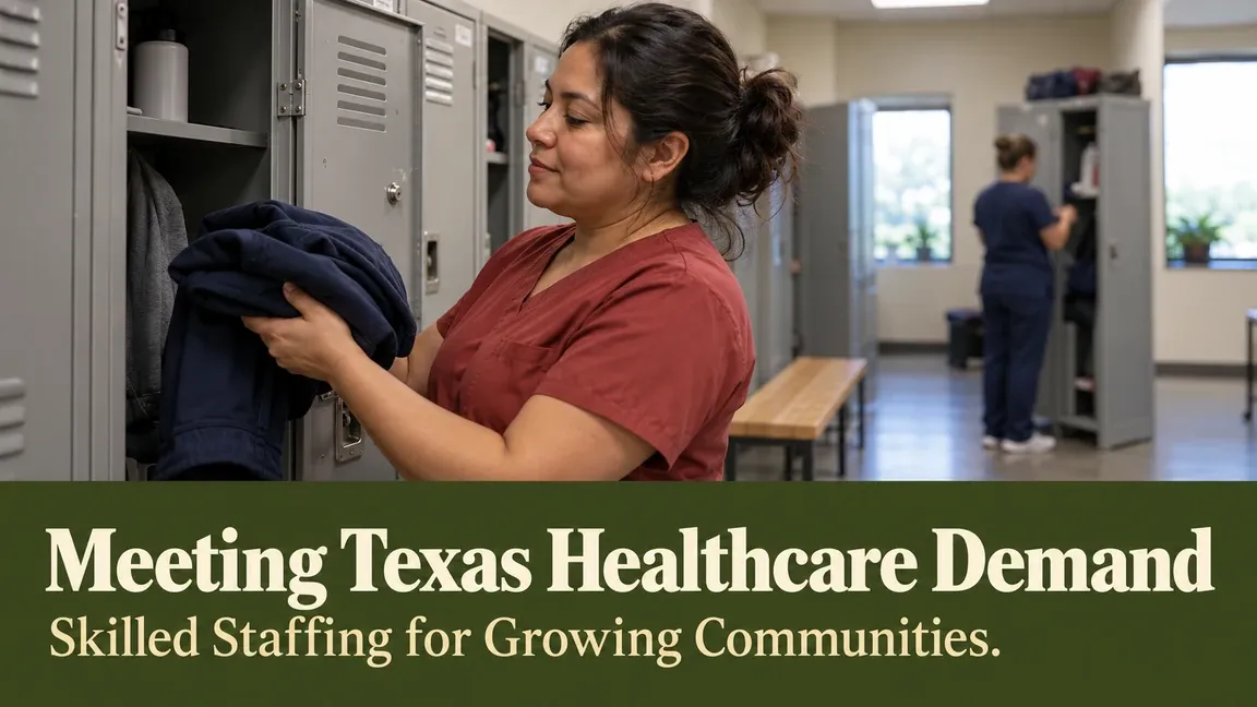 A nurse takes a folded jacket from a staff locker, with text about meeting Texas healthcare demand through skilled staffing for growing communities.