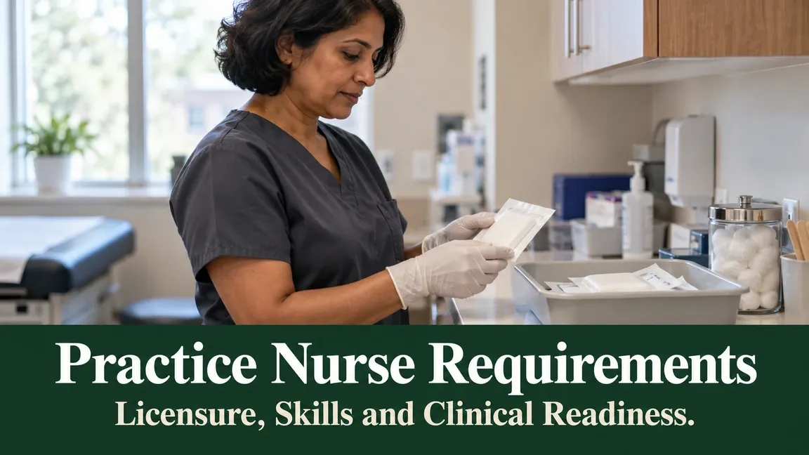 A gloved nurse prepares sealed dressing supplies at a clinic counter, with text about practice nurse licensure, skills and clinical readiness.