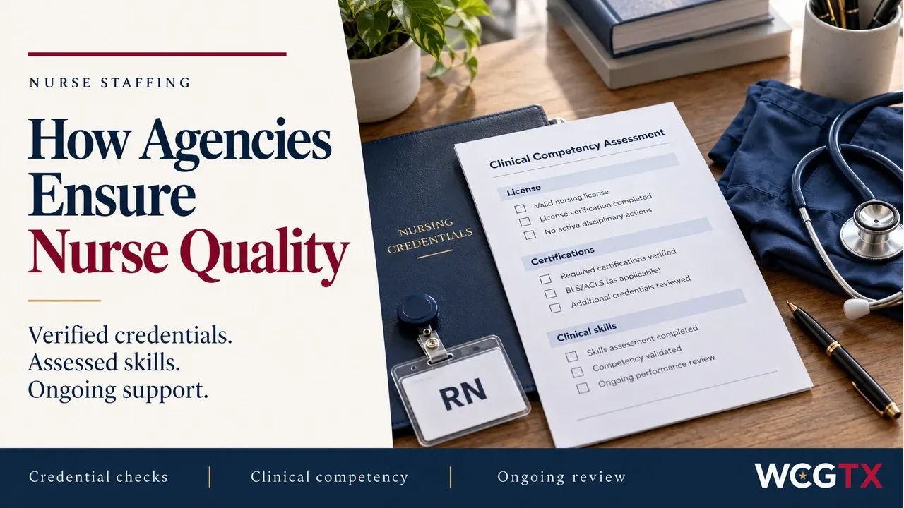 Nurse quality cover showing a clinical competency checklist, nursing credentials and an RN badge on a desk.