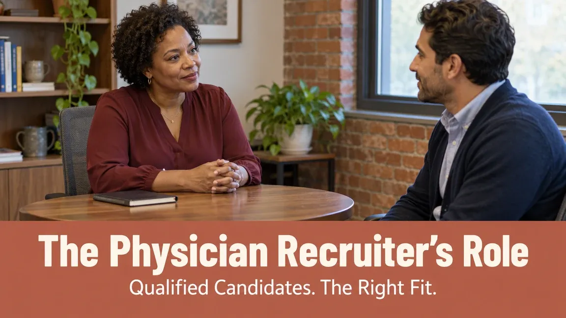A physician recruiter listens to a candidate in a modest office, with text about qualified candidates and finding the right fit.