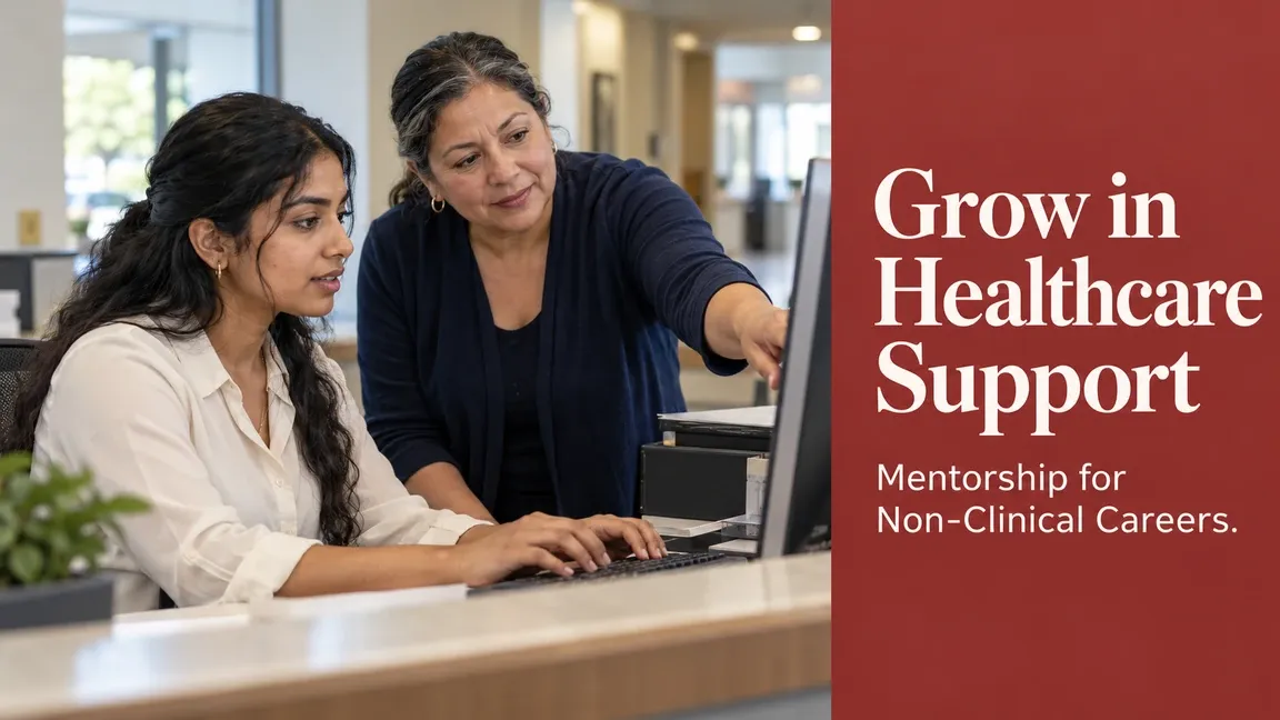 A mentor guides a colleague at a reception computer, with text about mentorship for non-clinical healthcare careers.