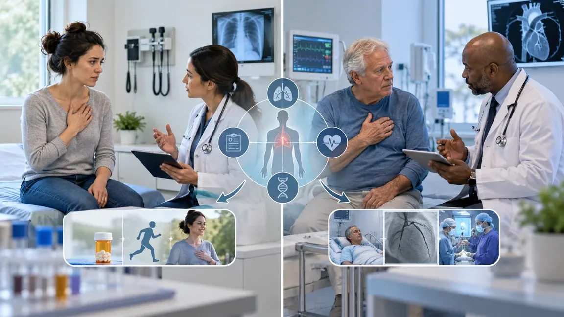 Two patients with similar chest symptoms consult different clinicians, illustrating how individual clinical findings guide different treatment plans.