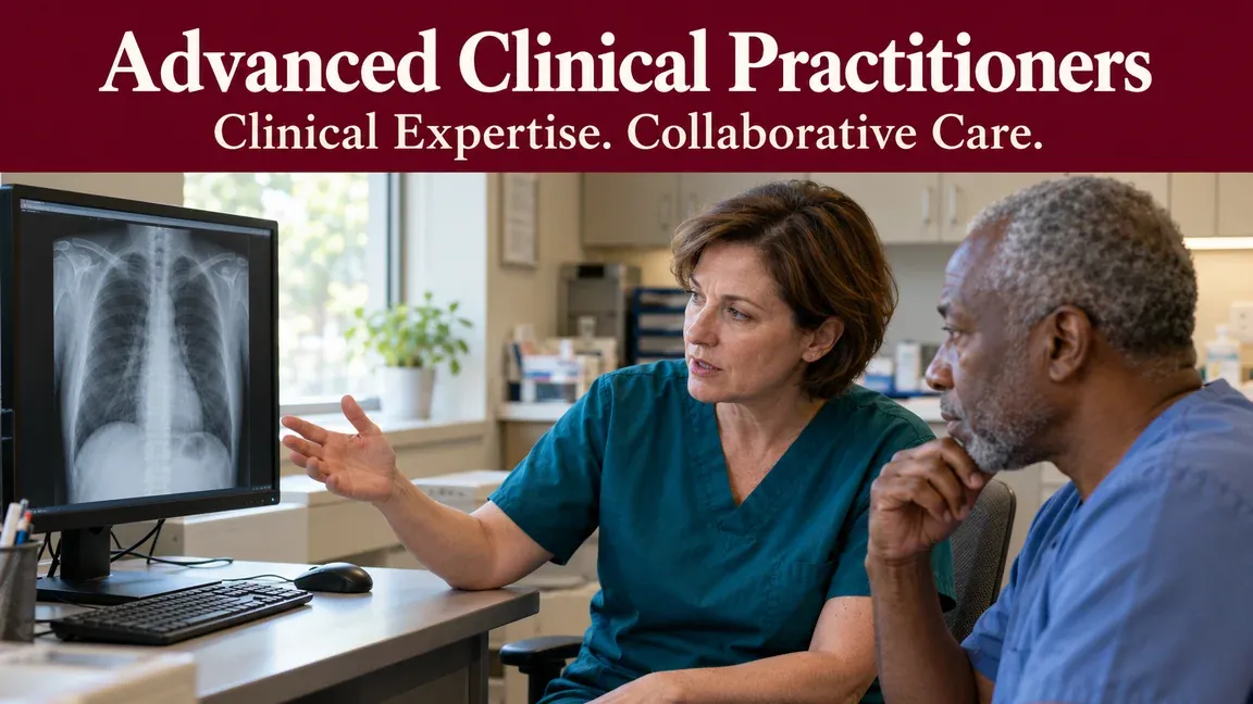 Two clinicians discuss a chest radiograph on a monitor, with text about advanced clinical practitioners, clinical expertise and collaborative care.