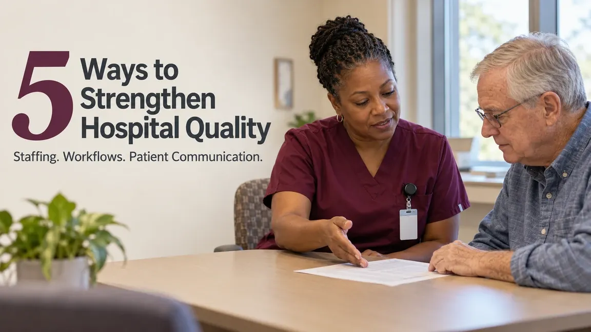 A nurse talks with an older patient at a hospital desk, with text about five ways to strengthen hospital quality through staffing, workflows and patient communication.