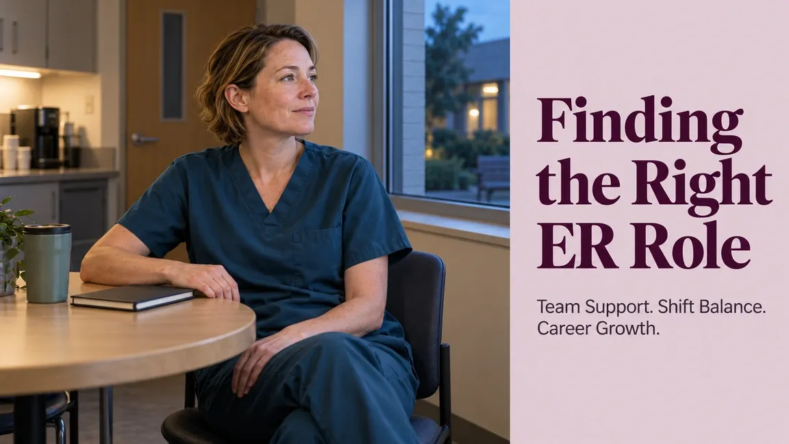 A physician reflects during a quiet staff-room pause, with text about finding an ER role with team support, shift balance and career growth.
