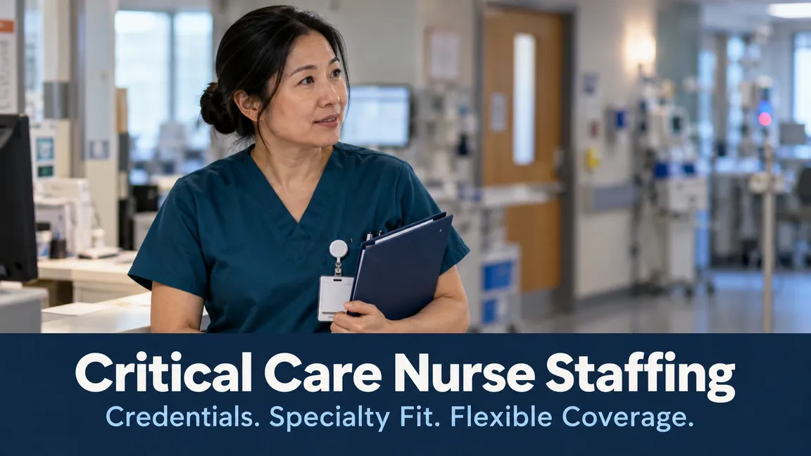 A nurse in teal scrubs carries a folder at a hospital nursing station, with text about credentials, specialty fit and flexible coverage for critical care.