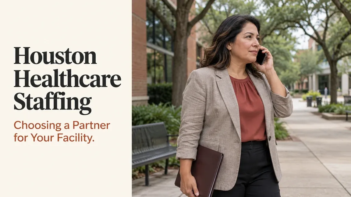 A healthcare facility manager speaks by phone on a campus walkway, with text about choosing a healthcare staffing partner in Houston.