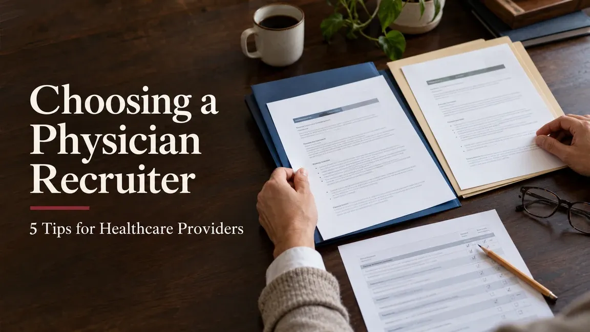 Hands compare proposal folders and an evaluation sheet on a desk, with text offering five tips for healthcare providers choosing a physician recruiter.