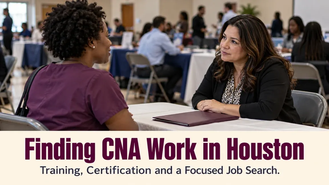 A CNA job candidate meets a healthcare recruiter at a community job fair, with text about training, certification and a focused job search in Houston.
