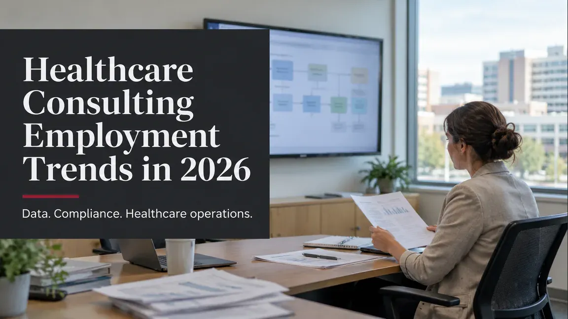 A healthcare consultant reviews an operations report and workflow display, with text about healthcare consulting employment trends in 2026.