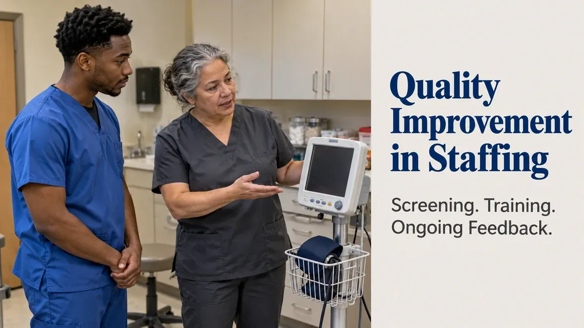 A medical assistant receives equipment orientation from a clinical educator beside an inactive vital-signs monitor, with text about screening, training and ongoing feedback.