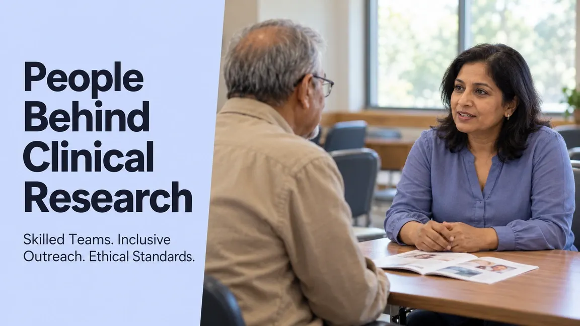 A research coordinator discusses an information leaflet with an adult guest, with text about skilled teams, inclusive outreach and ethical standards.