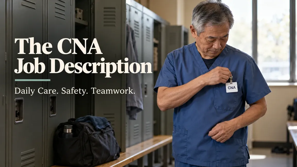 A nursing assistant clips on a CNA badge beside staff lockers before a shift, with text about the CNA job description, daily care, safety and teamwork.