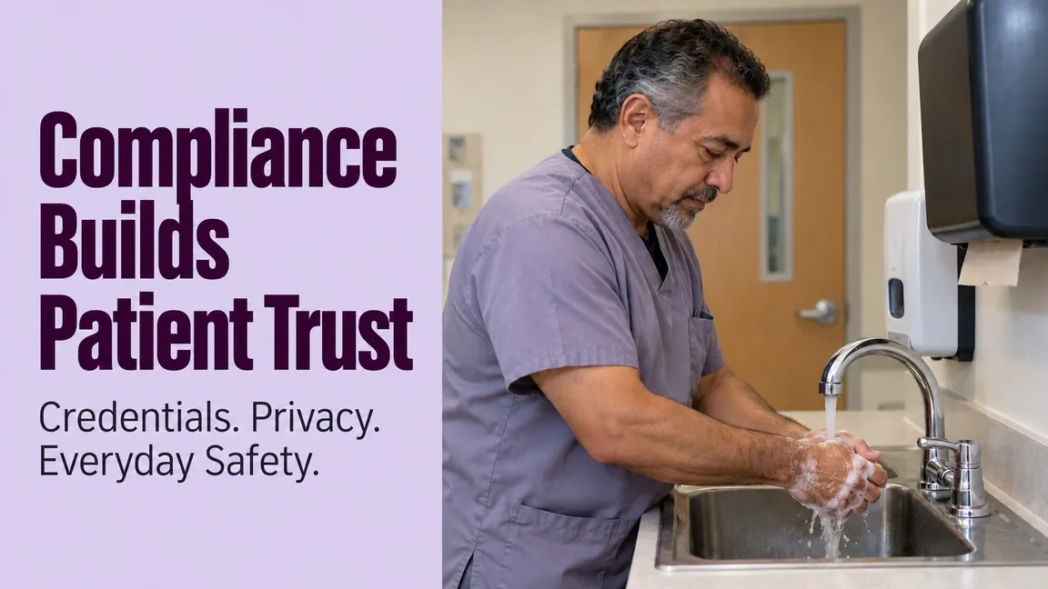 A nurse washes his hands at a clinic sink, with text about compliance, patient trust, credentials, privacy and everyday safety.