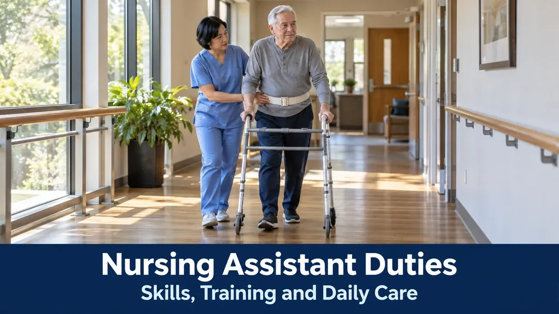 A nursing assistant supports an older man using a walker and gait belt, with text about nursing assistant duties, skills, training and daily care.