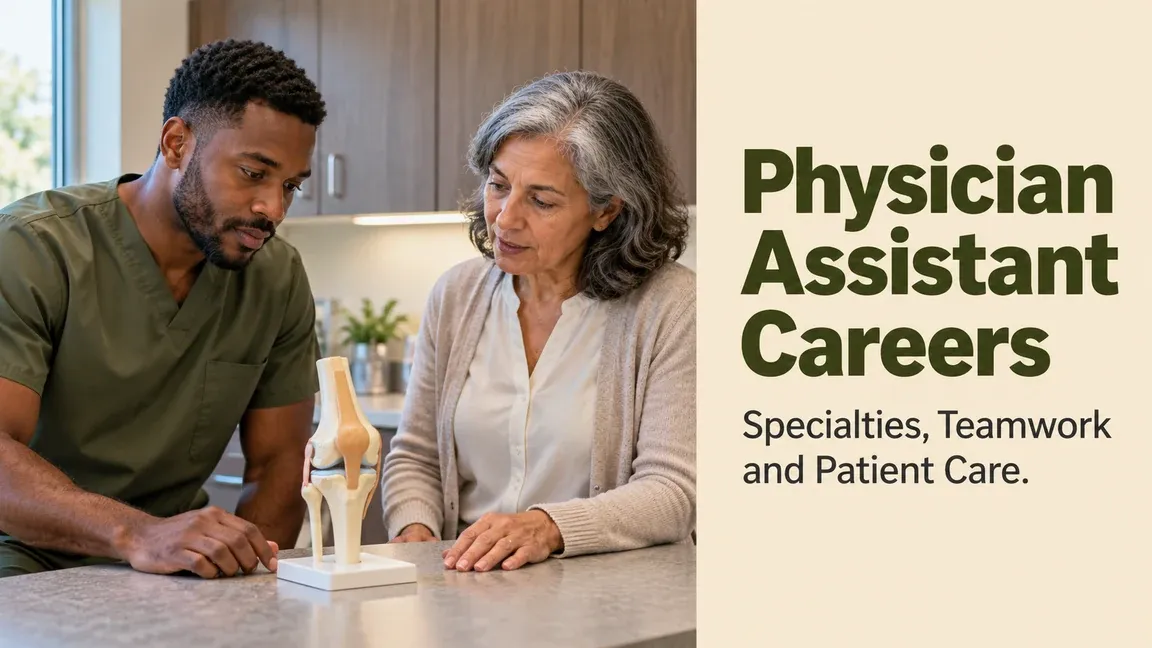 A physician assistant and a physician discuss a knee teaching model, with text about specialties, teamwork and patient-care careers.