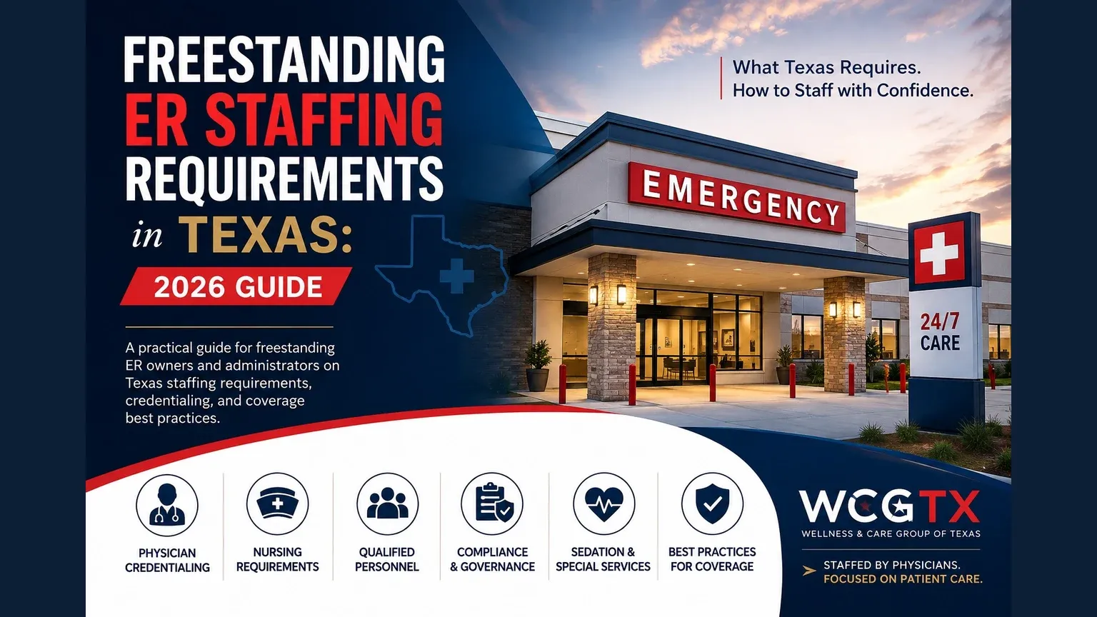 Freestanding ER staffing requirements in Texas: 2026 guide, with an emergency facility and physician, nursing, and compliance topics.