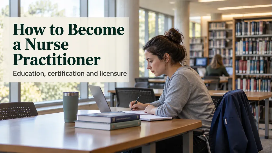 A nursing student studies in a health-sciences library, with text about education, certification and licensure on the path to becoming a nurse practitioner.