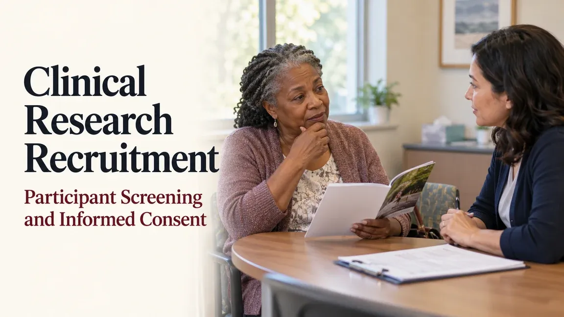 A woman reviews study information with a research coordinator, with text about clinical research recruitment, participant screening and informed consent.