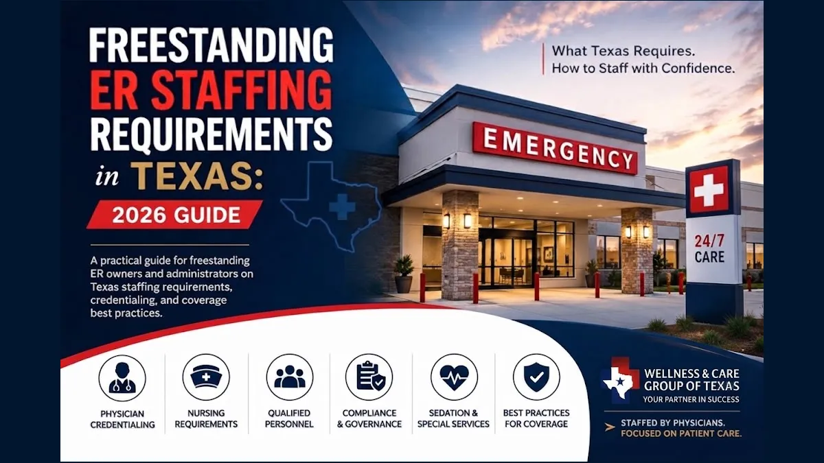 Freestanding ER staffing requirements in Texas: 2026 guide, with an emergency facility and physician, nursing, and compliance topics.