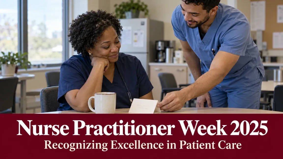 A colleague presents a thank-you card to a nurse practitioner in a staff room, with text recognizing excellence in patient care during Nurse Practitioner Week 2025.