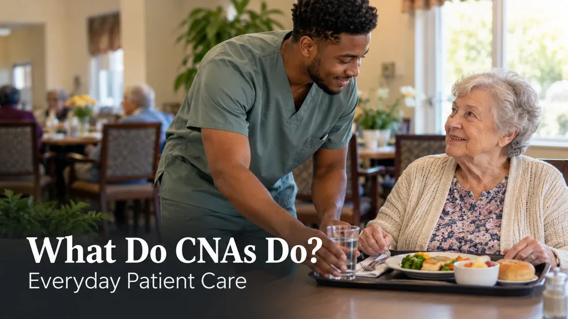 A CNA places a water glass within reach of an older woman eating lunch, with text asking what CNAs do in everyday patient care.