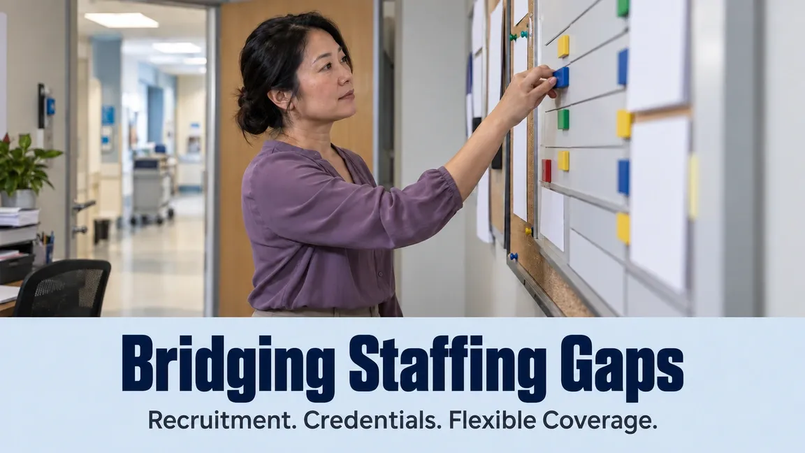 A facility operations professional moves a colored magnet on a staffing board, with text about recruitment, credentials and flexible coverage.