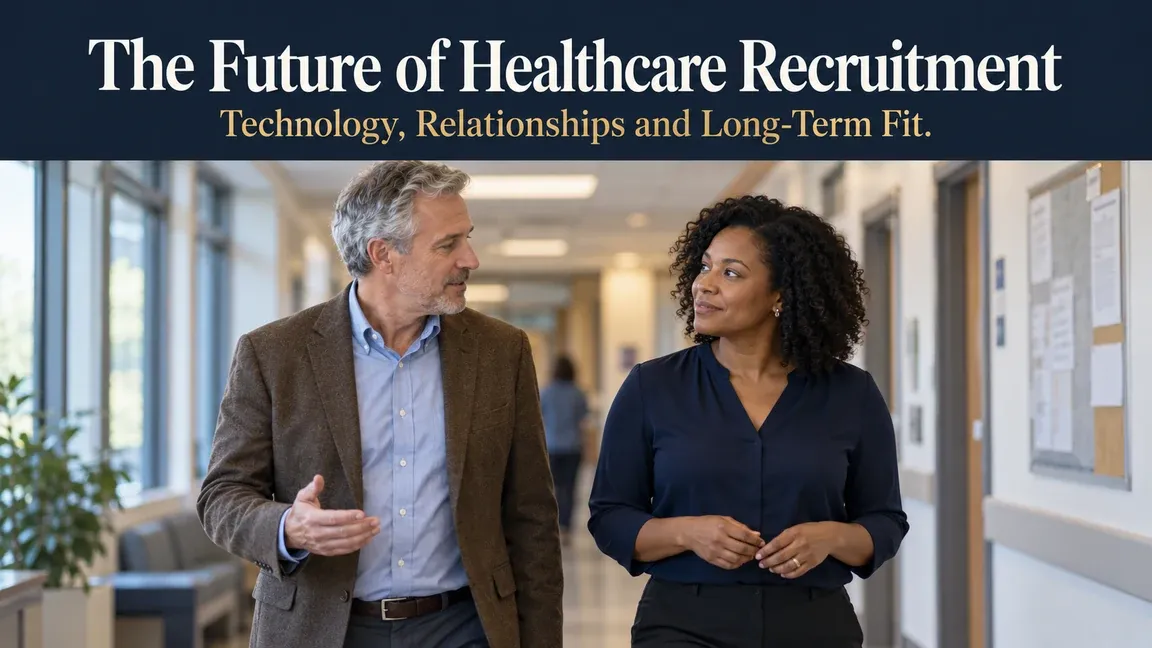A recruiter and healthcare leadership candidate talk while walking through an office corridor, with text about technology, relationships and long-term fit.