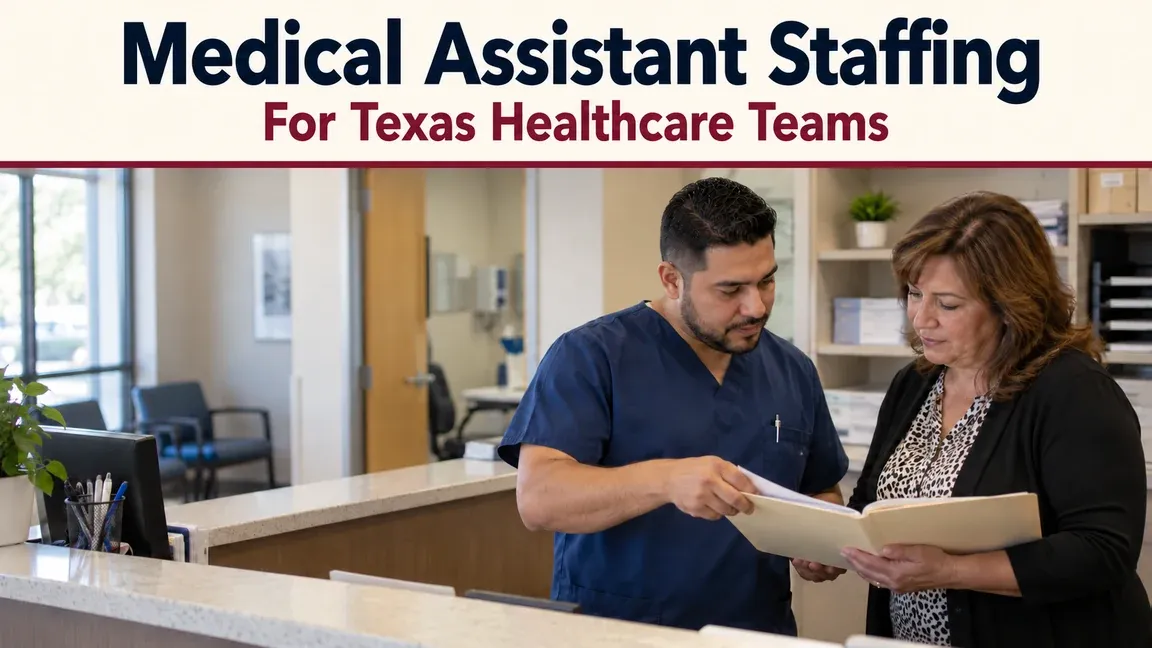 A medical assistant and clinic manager review an onboarding folder at a reception desk, with text about medical assistant staffing for Texas healthcare teams.