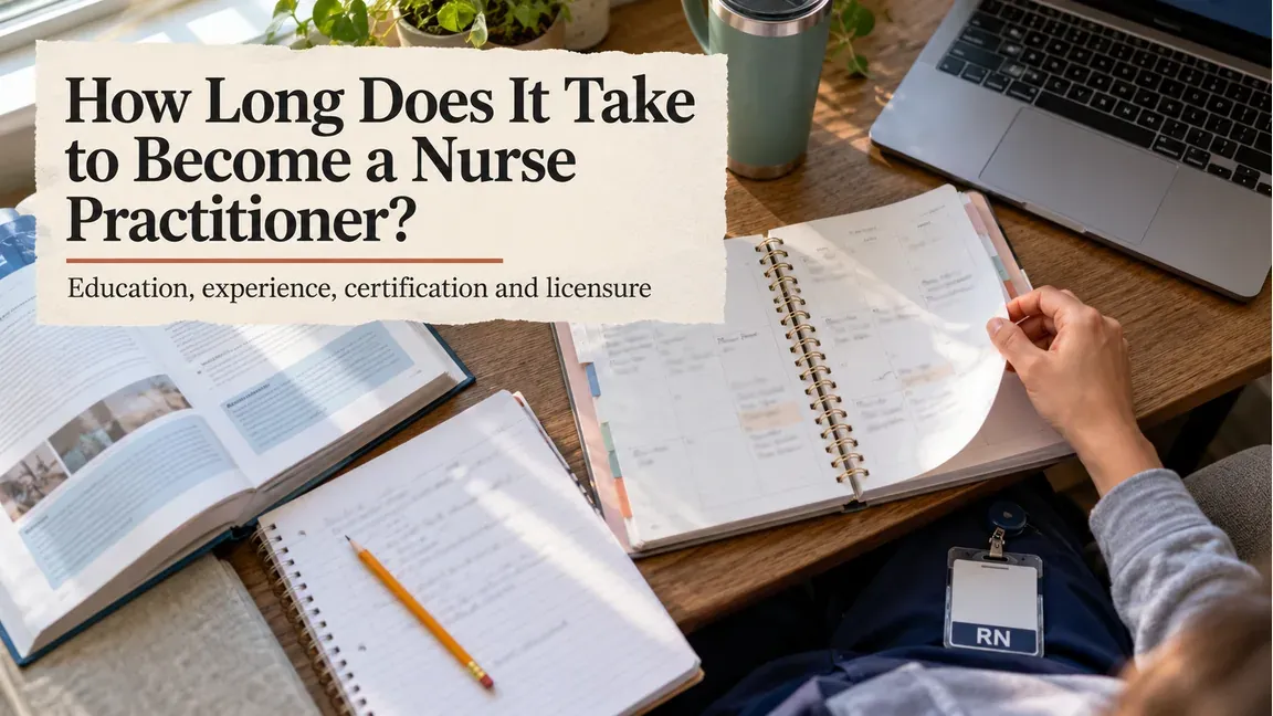 A nursing student turns a study planner page beside textbooks and an RN badge, with a headline asking how long becoming a nurse practitioner takes.