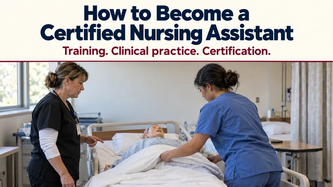 A nursing assistant trainee practices changing bed linens around a training mannequin under supervision, with text about CNA training, clinical practice and certification.