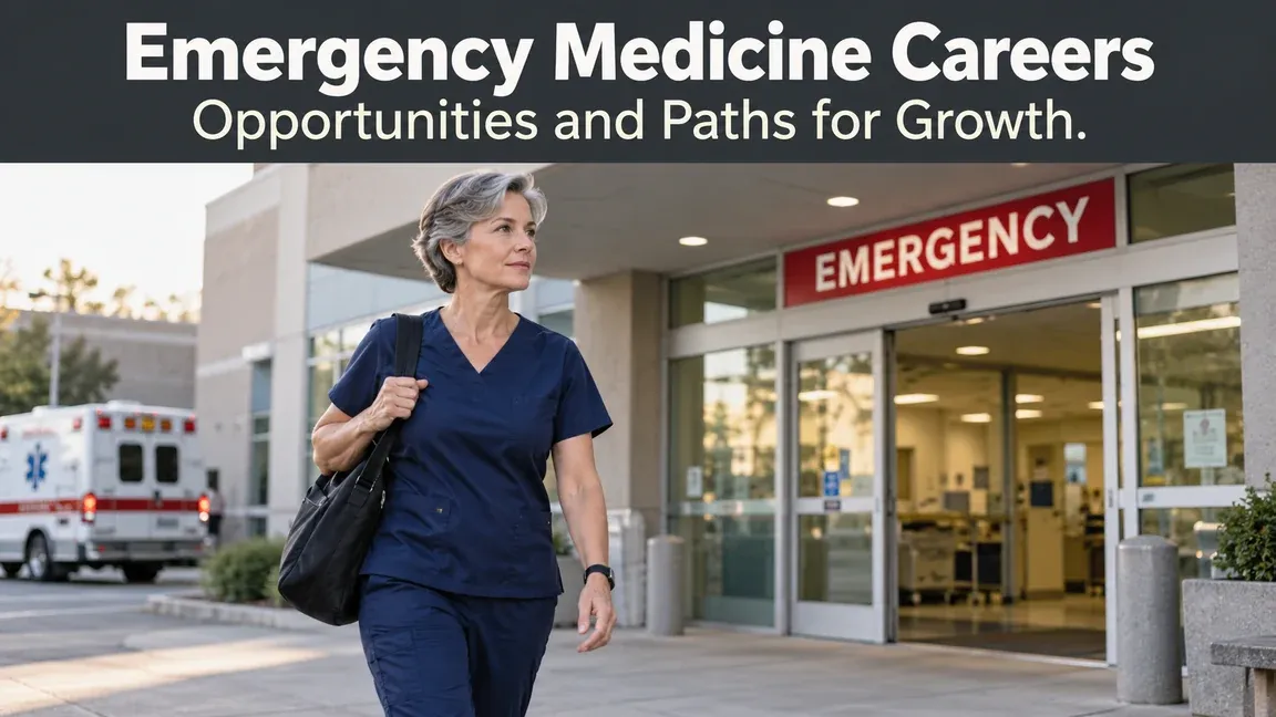 An experienced clinician arrives at an emergency department carrying a work bag, with text about emergency medicine career opportunities and paths for growth.