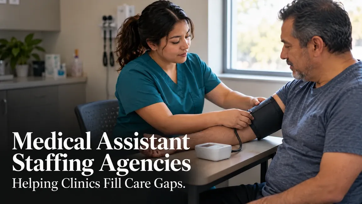 A medical assistant fits an automatic blood-pressure cuff on a seated patient’s bare upper arm, with text about staffing agencies helping clinics fill care gaps.