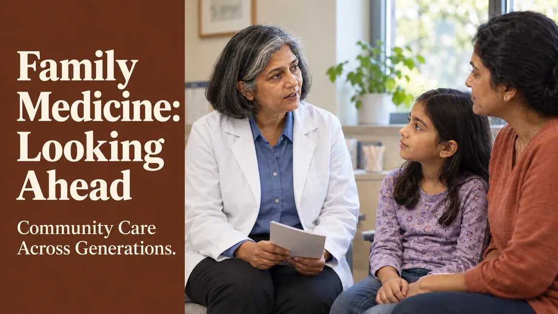 A family physician talks with a parent and child in a clinic, with text about family medicine and community care across generations.