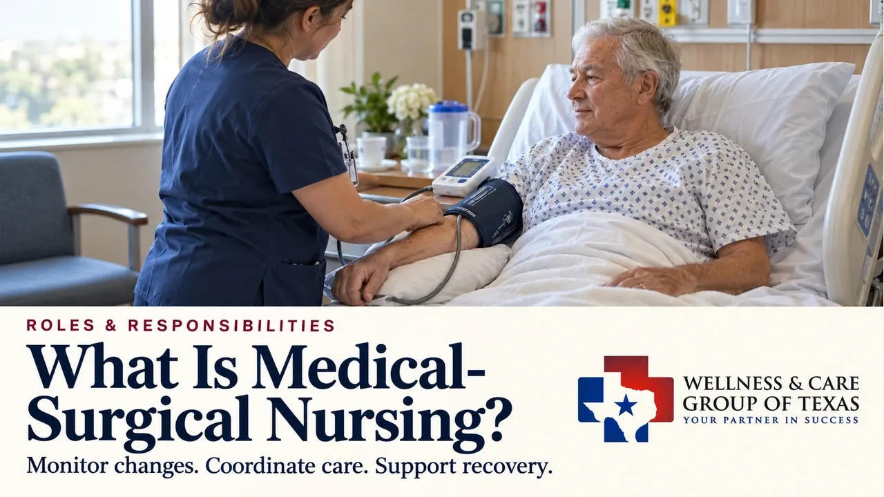 A nurse checks an adult inpatient’s blood pressure, with text about medical-surgical nursing, monitoring changes, coordinating care and supporting recovery.