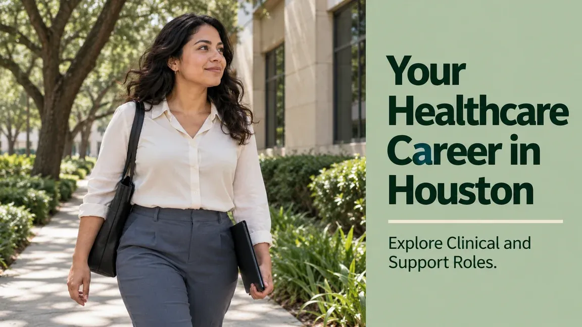 A healthcare job seeker walks through a medical district carrying a folder and tote, with text about clinical and support career paths in Houston.