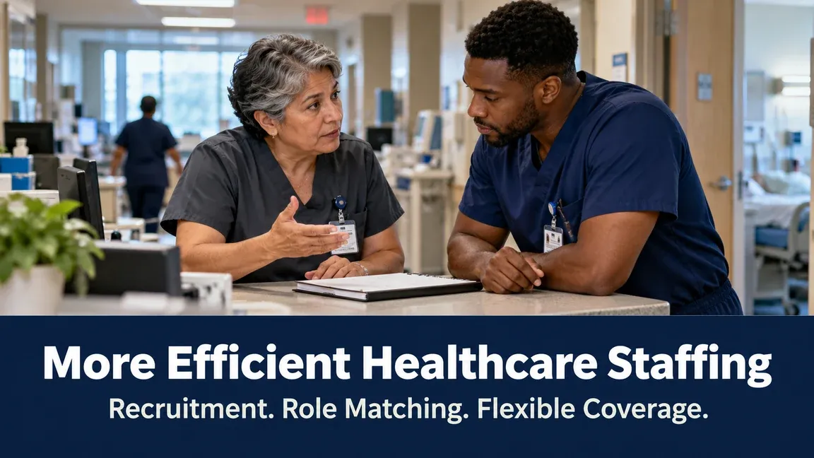 Two nurses discuss staffing at a hospital counter, with text about recruitment, role matching and flexible coverage.