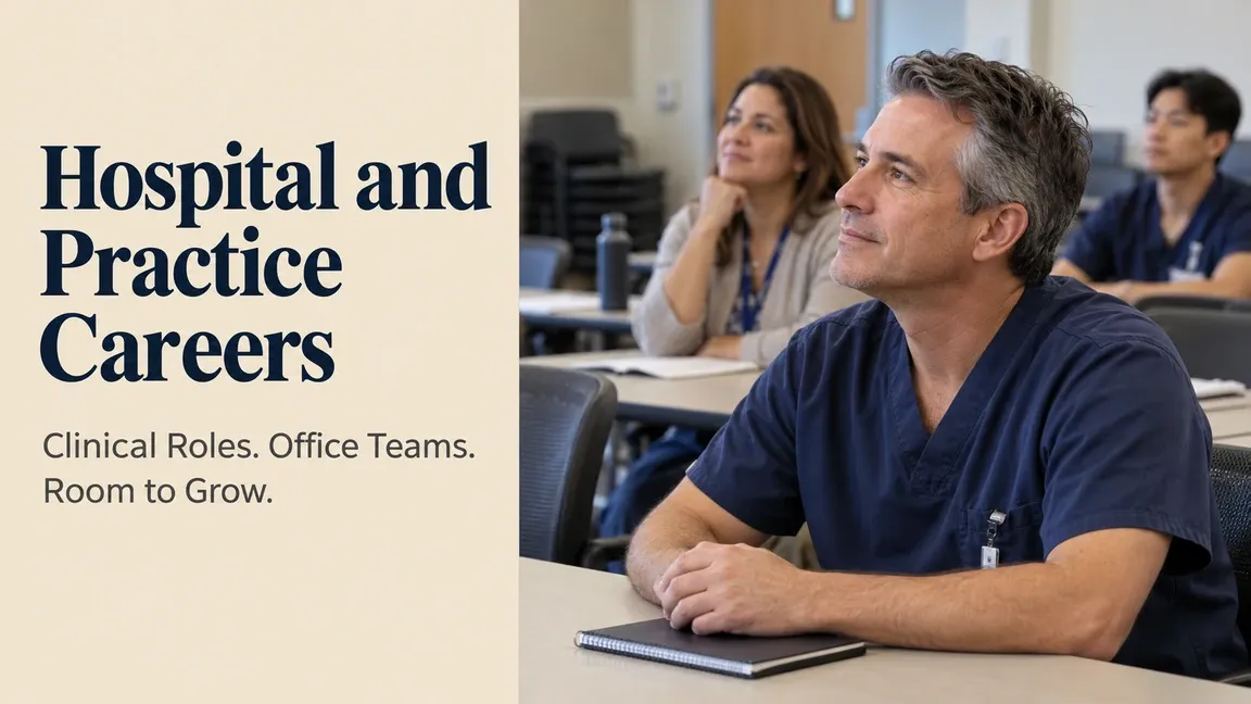 A healthcare worker listens during a classroom session with clinical and office colleagues, with text about hospital and practice careers.