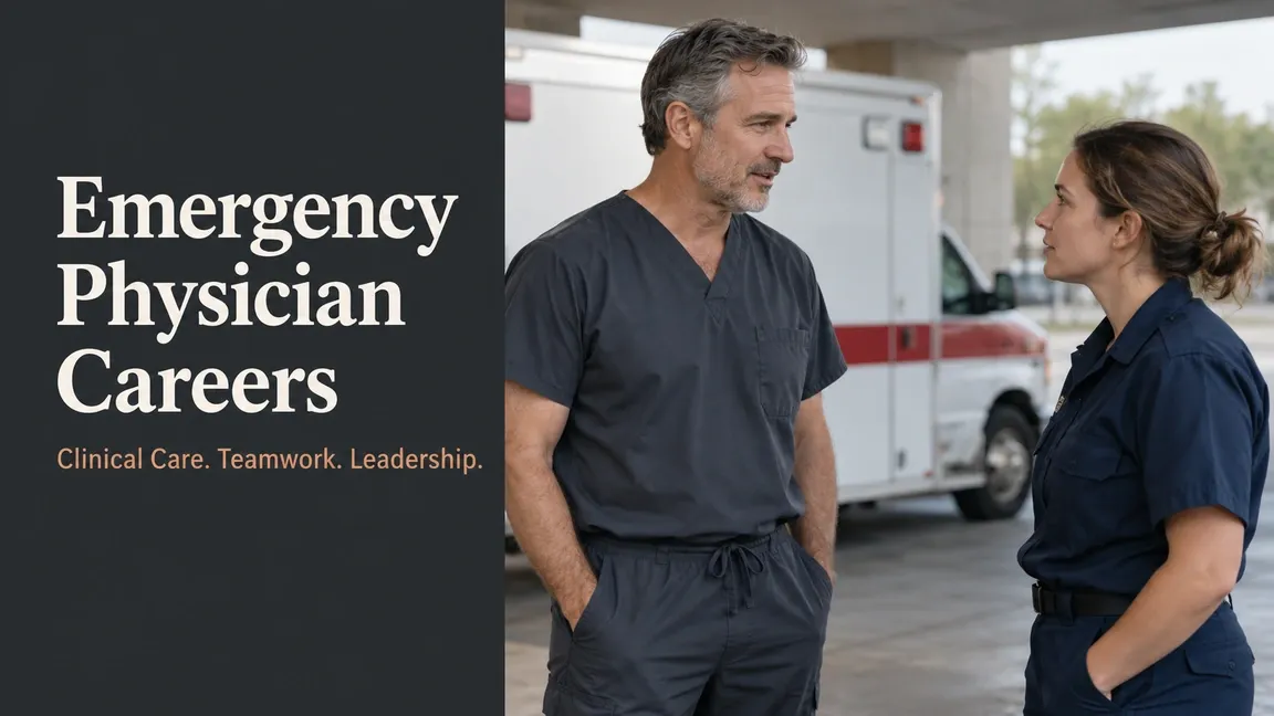 An emergency physician and an EMS professional speak beside a parked ambulance, with text about clinical care, teamwork and leadership careers.