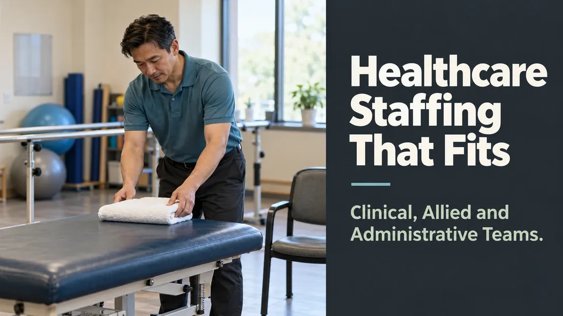 An allied healthcare professional prepares a treatment table in a rehabilitation room, with text about staffing clinical, allied and administrative teams.