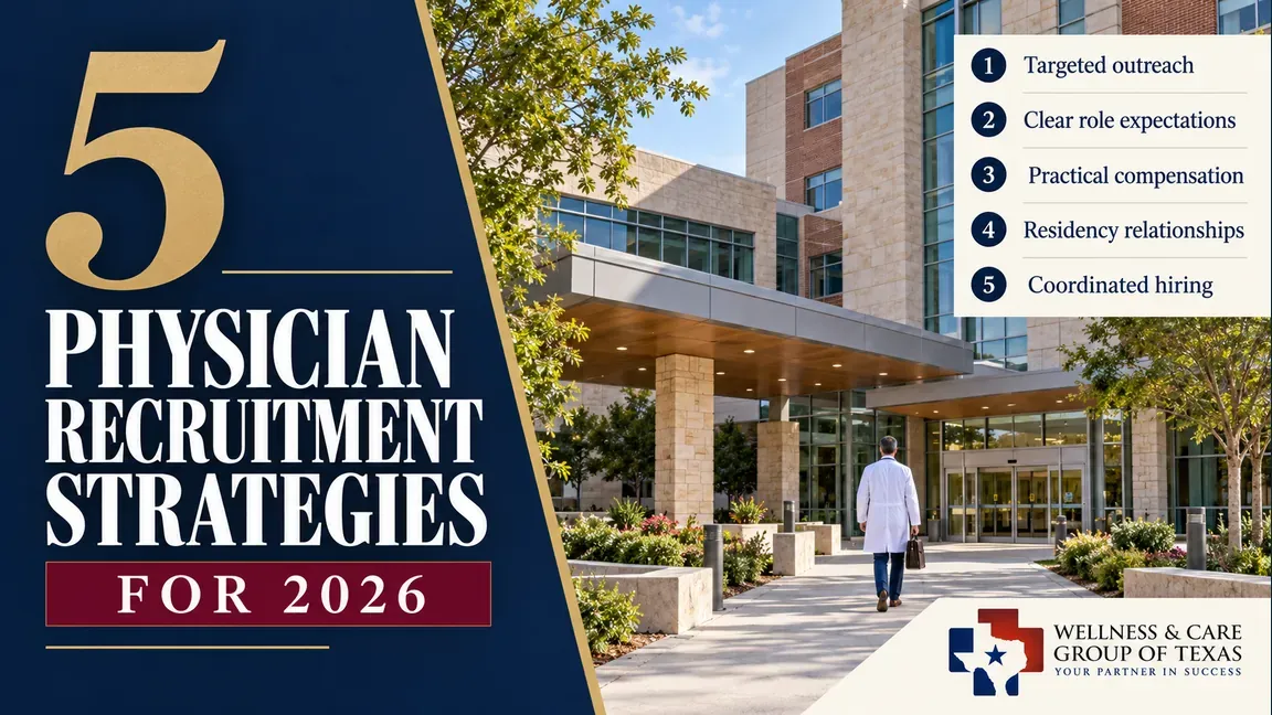 A physician walks toward a hospital beside five recruitment strategies: targeted outreach, clear roles, practical compensation, residency relationships and coordinated hiring.