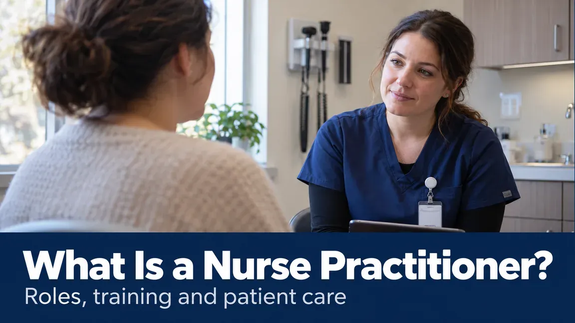 A nurse practitioner listens to an adult patient in an outpatient exam room, with text about NP roles, training and patient care.