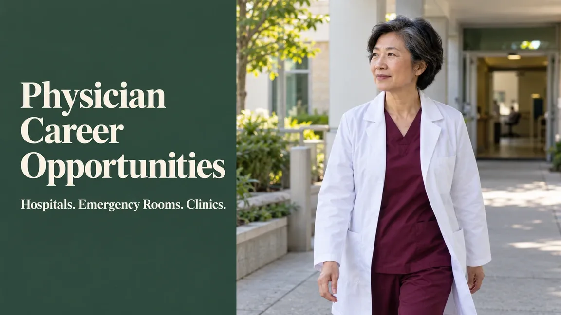 A physician walks through a hospital courtyard, with text about career opportunities in hospitals, emergency rooms and clinics.