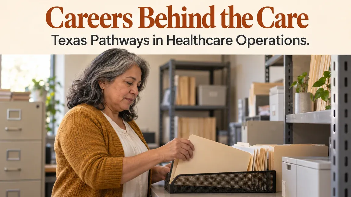 A healthcare operations professional organizes folders in a records room, with text about Texas career pathways behind patient care.
