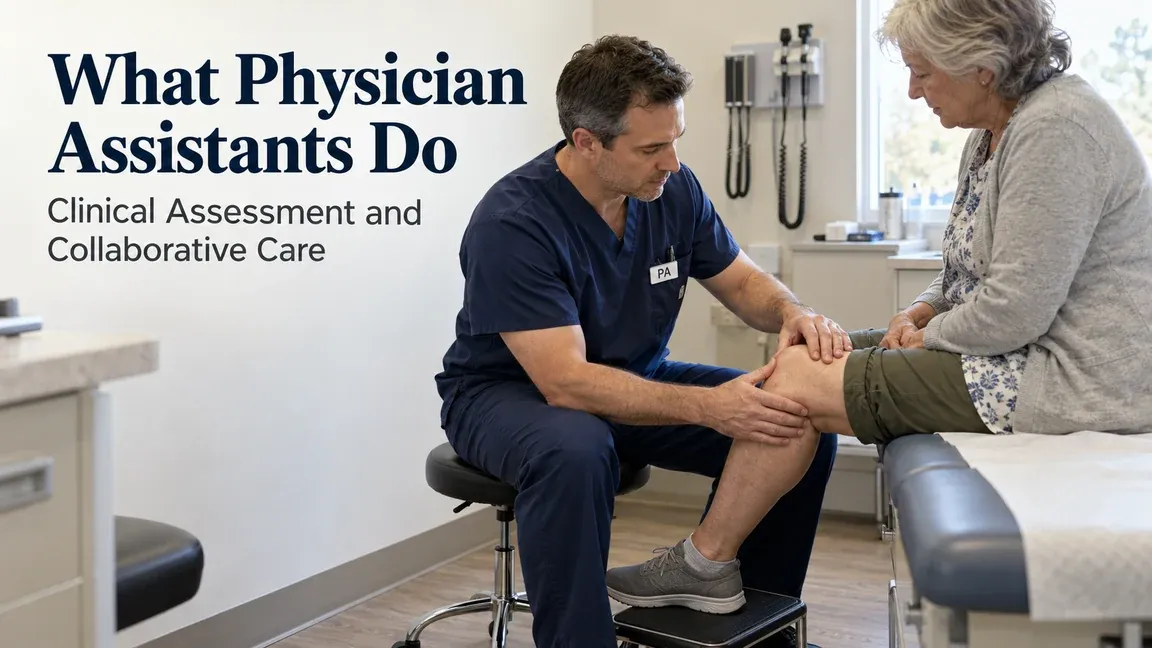 A physician assistant wearing a PA badge examines an older woman’s knee, with text about clinical assessment and collaborative care.