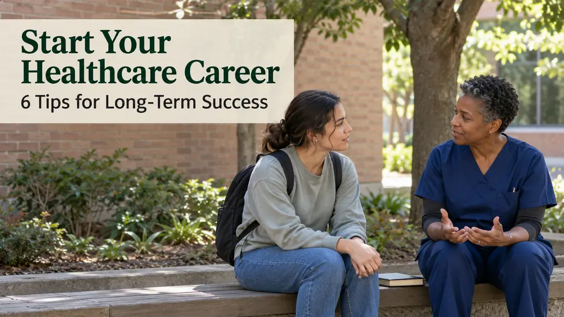 An experienced healthcare professional mentors a newcomer on a courtyard bench, with text about starting a healthcare career and six tips for long-term success.