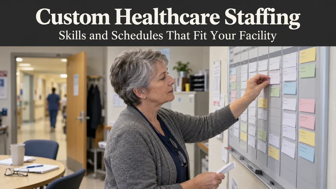 A staffing coordinator adjusts cards on a weekly schedule board, with text about custom healthcare staffing and matching skills and schedules to a facility.